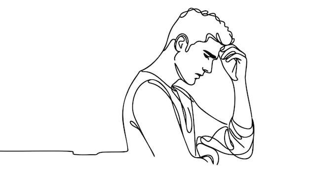 Dibujos de líneas continuas de un hombre que se siente triste cansado y preocupado por sufrir depresión en la salud mental