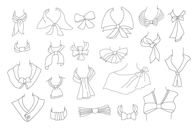 Dibujos de líneas dibujadas a mano de corbata de moño y bufanda