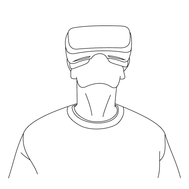 Dibujos de líneas de ilustración de un hombre joven que usa gafas de realidad virtual La posición de la cabeza miró hacia arriba