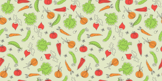 Dibujos de líneas con patrones de verduras Establezca comida vegetariana Gráficos vectoriales de una línea Fondo sin costuras