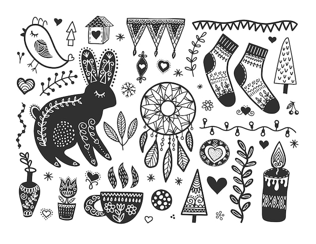 dibujos a mano escandinavos elementos de garabateo dibujo noruego ilustración vectorial