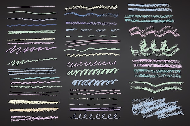 Dibujos a mano con lápiz de carbón líneas rizadas salpicaduras garabatas y formas elementos de color en la pizarra negra Grunge tiza crayón garabateos texturas trazas de crayón ásperas ilustración vectorial