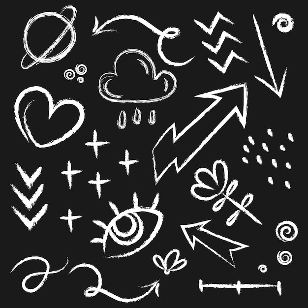 Los dibujos a mano con tiza en el estilo de la pizarra de tiza, los elementos gráficos con tiza y los dibujos escritos a mano con lápiz.