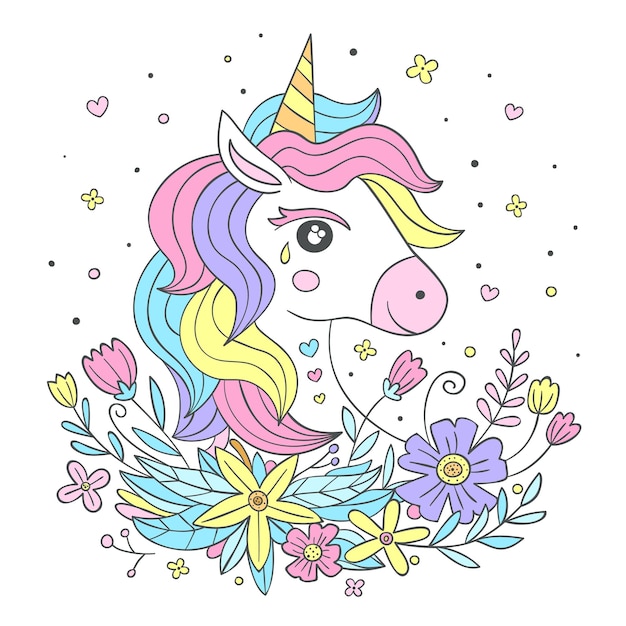 Vector dibujos a mano de unicornio y flores