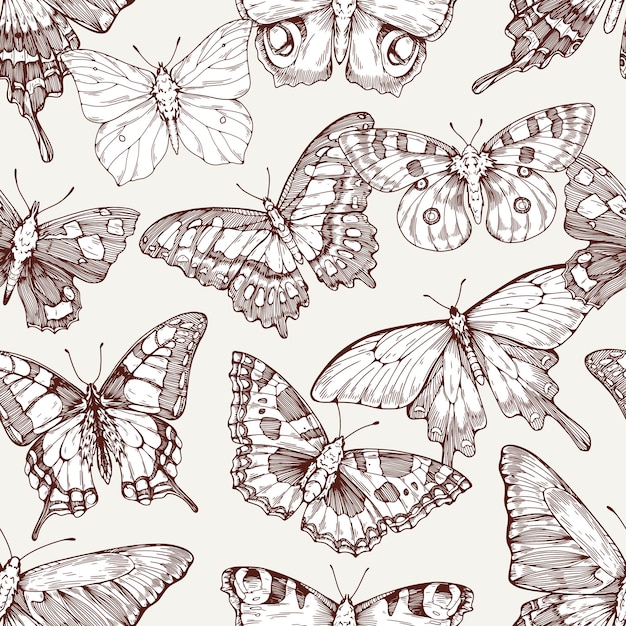 Dibujos de mariposas imprimir patrón sin costuras fondo repetitivo sin fin con polillas aladas voladoras diseño de textura repetible imprimible para textiles de tela Ilustración vectorial detallada dibujada a mano