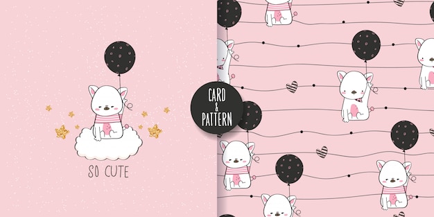 Dibujos de mascotas lindos Mascotas dibujadas a mano Sosteniendo un globo en la mano Usando un disfraz estampado simple Gestos Divertidos y divertidos Sonrisa colorida en patrones e ilustraciones sin costuras