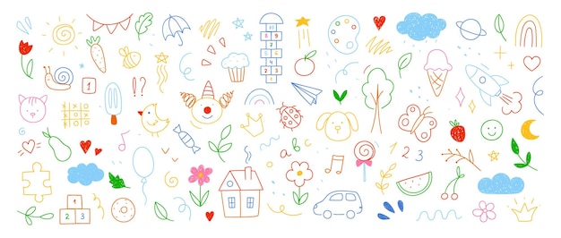 Dibujos de niños dibujados en estilo doodle Ilustración sencilla y linda aislada sobre un fondo blanco