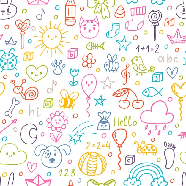 Dibujos de niños dibujados a mano Patrón sin costuras de colores Fondo para niños niñas Fondo de Doodle