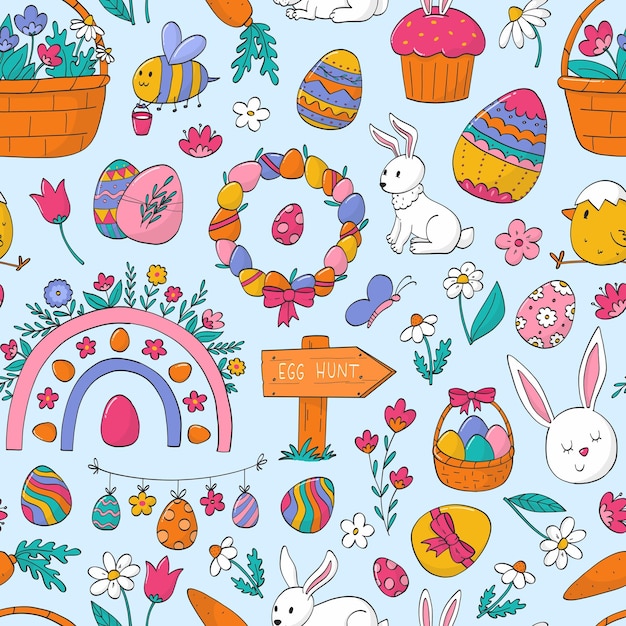 Los dibujos de Pascua son un patrón sin costuras para la decoración de la guardería, impresiones textiles, papel tapiz, papel digital.