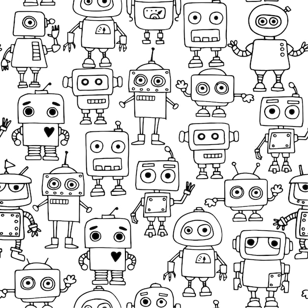 dibujos de patrones sin costuras vectoriales en estilo doodle robots lindos ilustración simple para niños