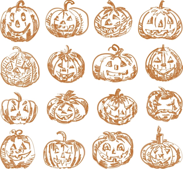 Dibujos de pincel de contorno vectorial de varias calabazas de halloween