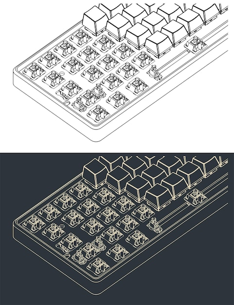 Dibujos de primer plano isométricos mecánicos del teclado