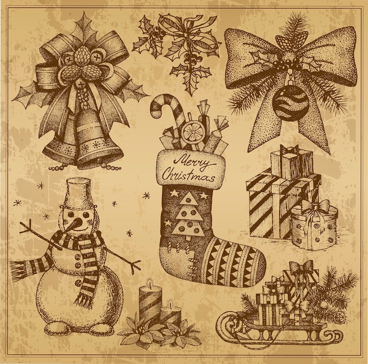 Vector dibujos retro navideños a mano.
