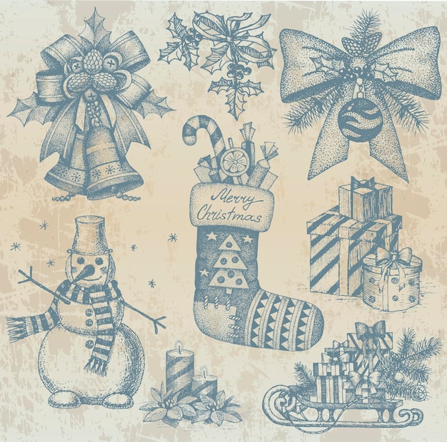 Dibujos retro navideños a mano.