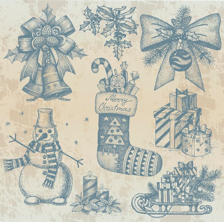 Vector dibujos retro navideños a mano.