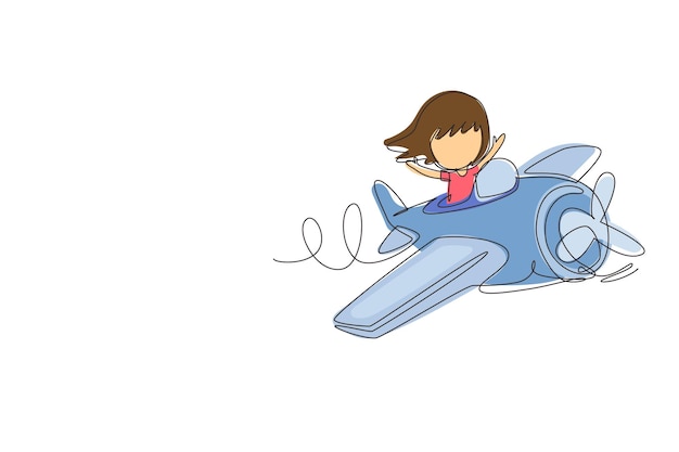 Dibujos de una sola línea de una niña operando un avión Niños volando en un avión Niño sonriente feliz volando un avión como un verdadero piloto y soñando con la profesión de piloto Dibujos de líneas continuas diseño gráfico