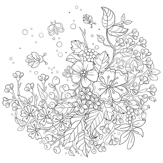 Vector dibujos vectoriales de flores y mariposas para libros de colorear para adultos página de elementos florales