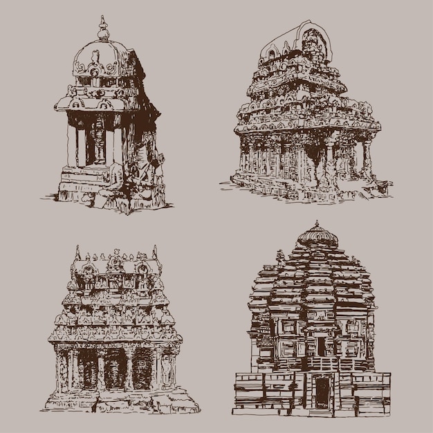 Vector dibujos vectoriales de templos de estilo indio para paisajes