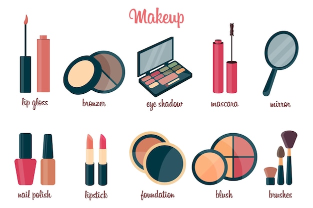 Vector diccionario cosmético, un conjunto de cosméticos con nombres. colección de artículos de maquillaje, vector