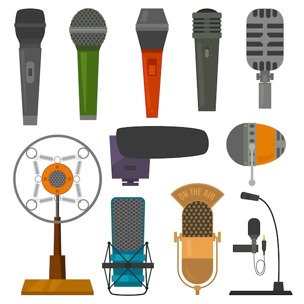 Dictáfono de vector de audio de micrófono y micrófonos para transmisión de podcast o transmisión de grabación de música en ...