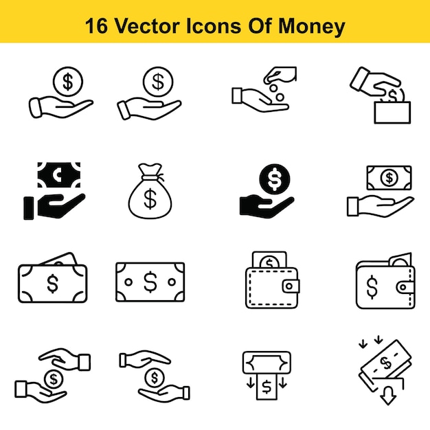 Dieciséis íconos vectoriales de arte de líneas de transacciones monetarias y finanzas