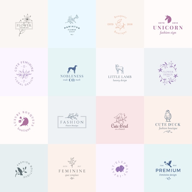 Dieciséis signos femeninos abstractos o conjunto de plantillas de logotipo. ilustración floral retro con tipografía elegante, pájaros, cordero, pato, sabueso, unicornio y elefante. emblemas de primera calidad.