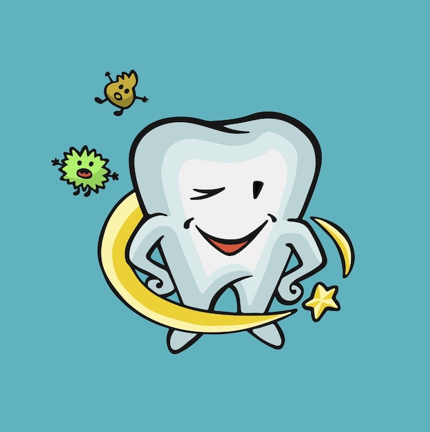Diente de carácter feliz protegido de bacterias higiene bucal vector de color completo