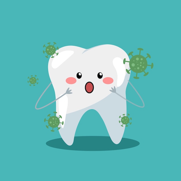 Diente de caries con dibujos animados de bacterias en diseño plano Microbios y bacterias de dientes enfermos Dientes enfermos