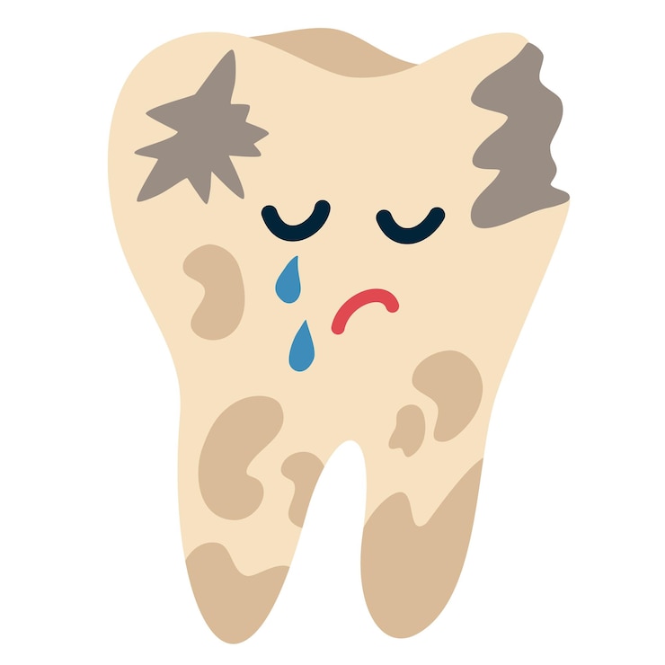 Vector diente con caries diente de dibujos animados triste con una enfermedad y un agujero cuidado dental para los niños instrucciones sobre cómo cepillarse los dientes, impresión y folletos vector mano dibujar ilustración