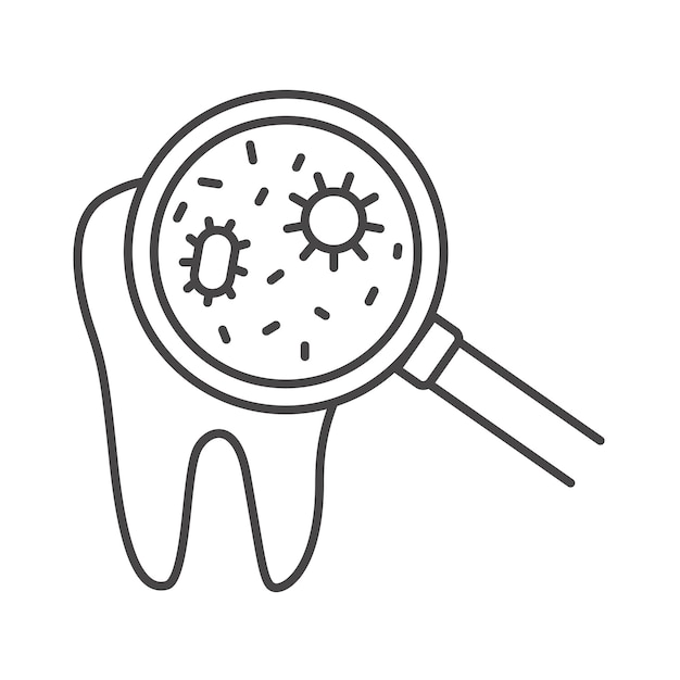 Diente con contorno de icono de lupa Gérmenes dentales infectados bajo la lupa