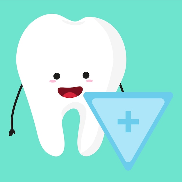 Vector diente de dibujos animados lindo con ilustración de vector de personaje de escudo ilustración de dentista de salud niños