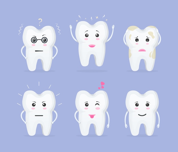 Diente de dibujos animados. Lindos dientes con diferentes emociones. Dientes de dibujos animados de personajes.