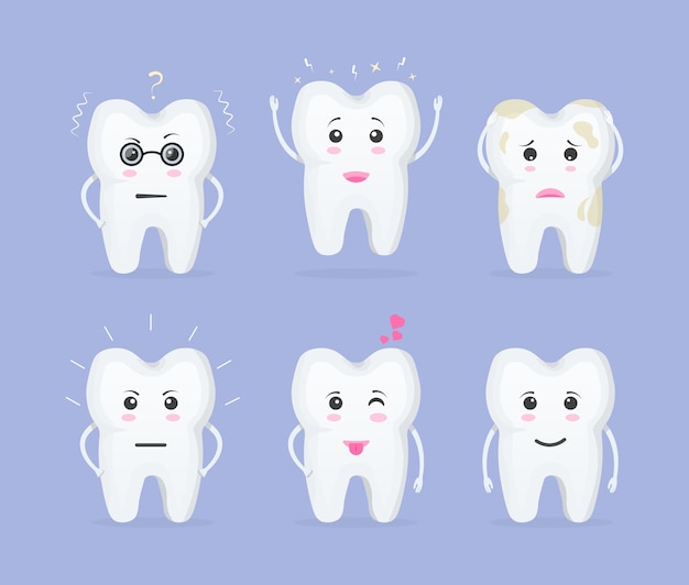 Vector diente de dibujos animados. lindos dientes con diferentes emociones. dientes de dibujos animados de personajes.