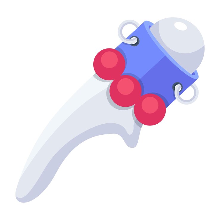 Vector un diente de dibujos animados con un mango azul y bolas rojas.