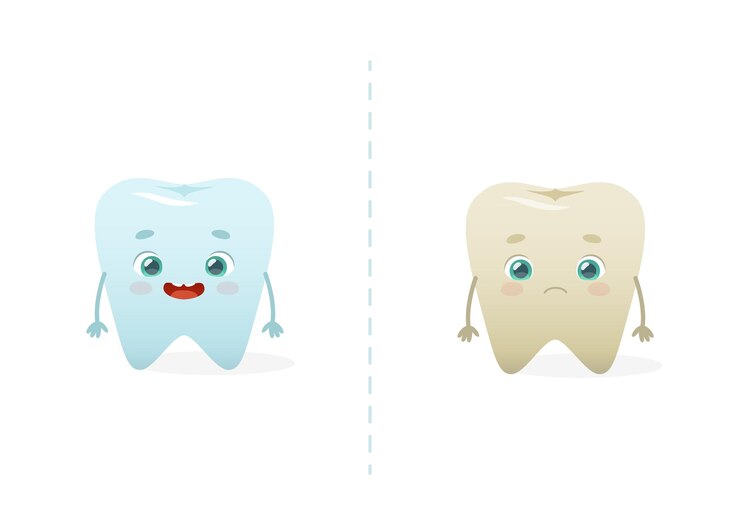 Vector diente de dibujos animados con oscurecimiento del esmalte problema dental antes vs después con linda mascota