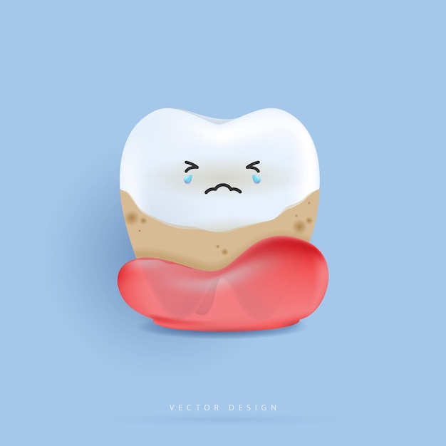 El diente está tratando la placa dental grande y no saludable, la escala de perforación, la placa dental y la caries, el personaje del diente para niños, la mascota del dentista para aplicaciones médicas, sitios web y diseño vectorial de hospitales.