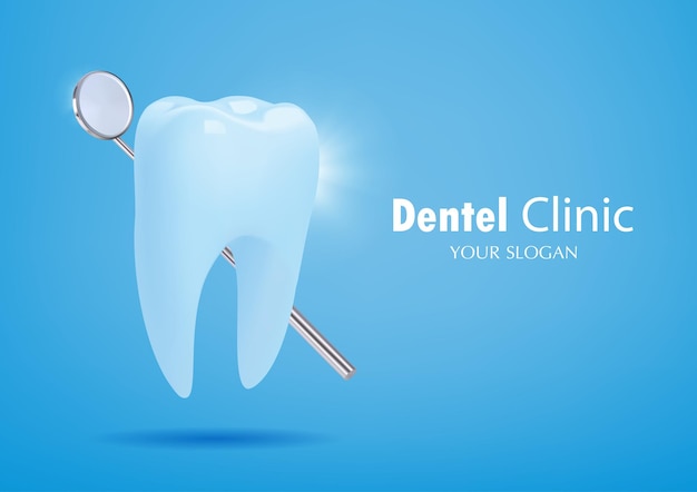 Vector diente grande y espejo de dentista sobre fondo azul ilustración vectorial