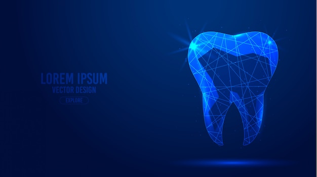 Diente humano, implante dental, líneas geométricas, plantilla de banner de estructura metálica de baja poli.