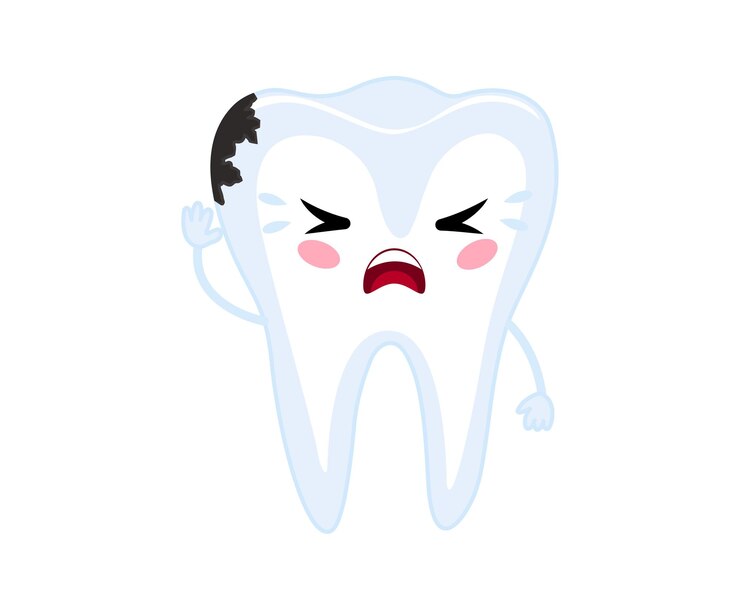 Vector un diente llorón con caries ilustración vectorial de bebé de dibujos animados