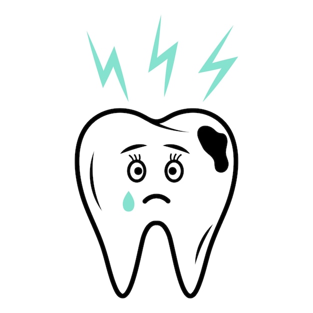 Diente personaje triste lindo con caries llorando icono de garabatos lineal con icono de rayo azul dolor de diente