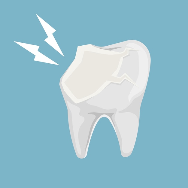 Vector diente roto diente agrietado en estilo plano salud dental ilustración vectorial aislado en azul