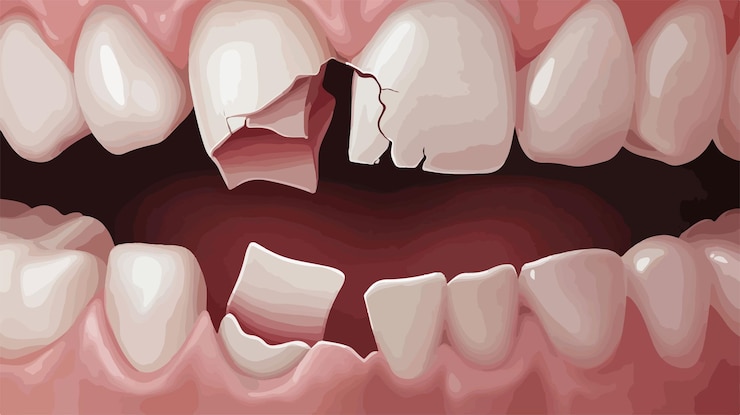 Vector diente roto y dientes faltantes en la boca humana abierta