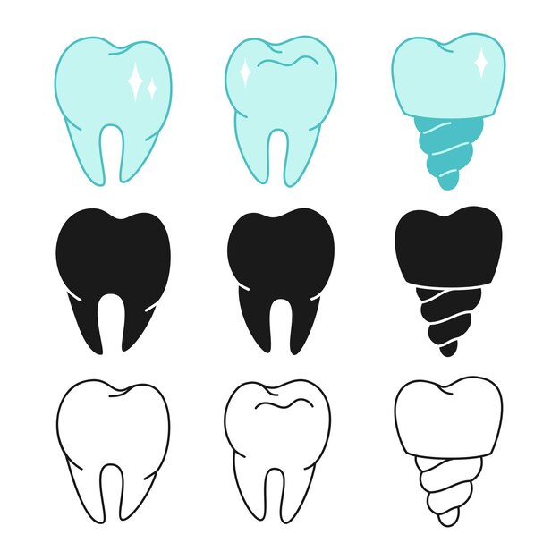 Diente sano icono médico implante dental línea conjunto símbolo odontología higiene diseño limpio y saludable