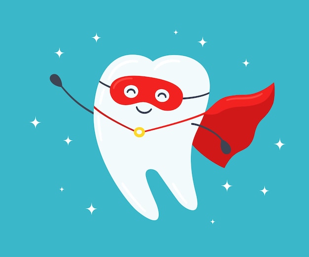 Diente de superhéroe. Diente sano feliz en un manto rojo. Ilustración de vector sobre fondo azul