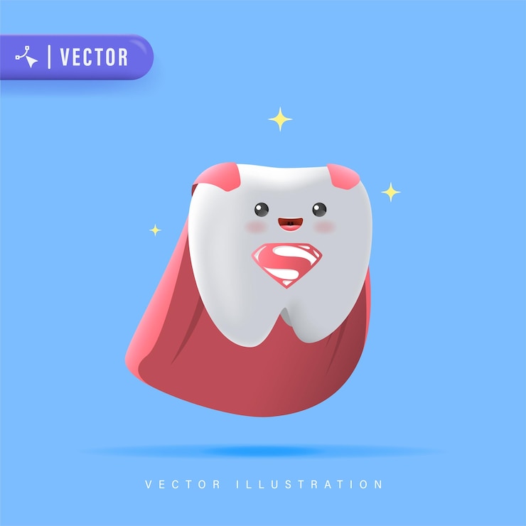 Vector diente de superhéroe con ilustración vectorial de caracteres de capa roja. lindo, sonriente, diente, caricatura