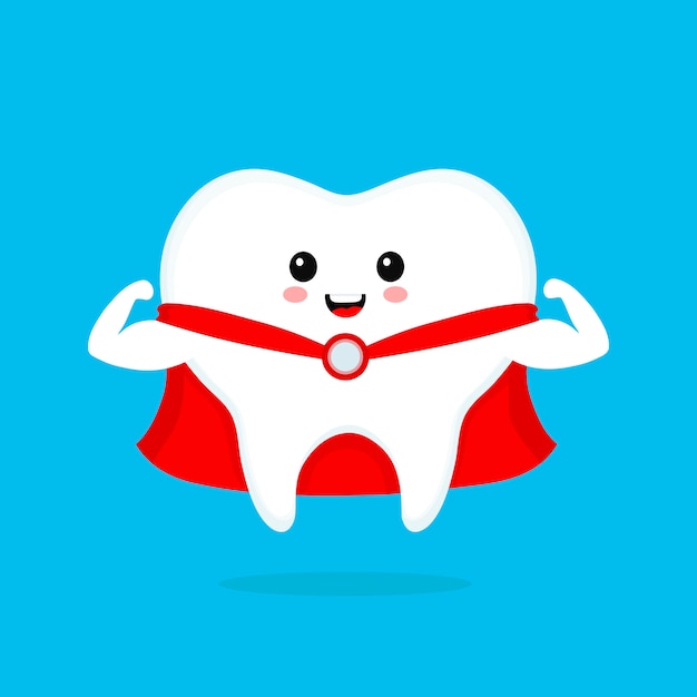 Diente de superhéroe sonriente lindo divertido. Icono de ilustración de personaje de dibujos animados plana. Diente blanco aislado en azul. Limpia dientes sanos y fuertes, dentista