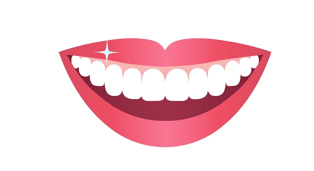 Vector dientes blancos y labios rosados, una boca sonriente de mujer joven. concepto dental, carillas, blanqueamiento dental. copie el espacio. ilustración vectorial