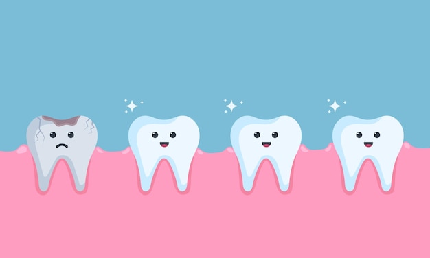 Dientes blancos sanos y dientes oscurecidos dañados con agujero niños odontología carácter triste Elementos infográficos dentales concepto vector ilustración