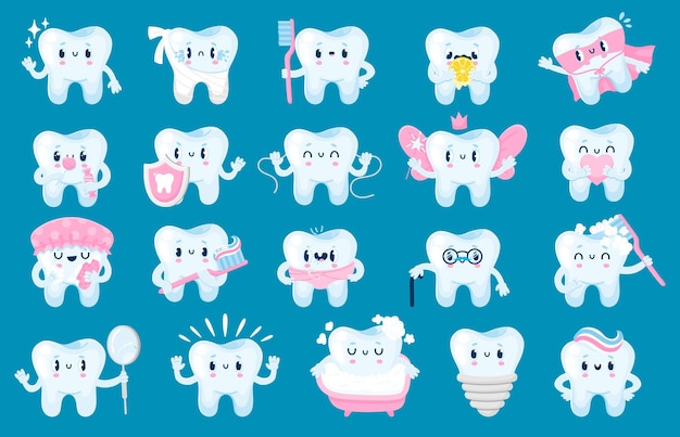 Dientes con cara Dibujos animados salud y cuidado dental personajes divertidos mascota de dientes con cara feliz para carteles de odontología y pancartas Conjunto aislado de vectores