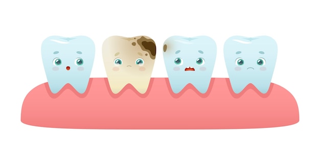 Vector dientes de dibujos animados con cavidad en la encía ilustración de vector de caries dental con lindos dientes tristes